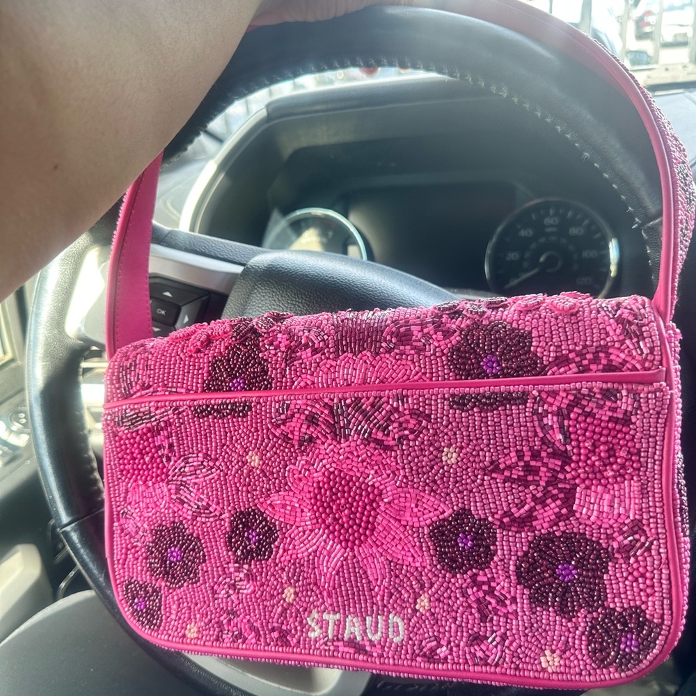 STAUD Vibrant Pink Beaded Shoulder Bag